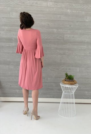 pink bell sleeve dress back view