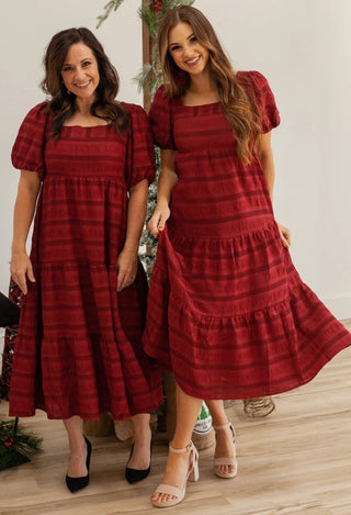 Harlow Puff sleeve Midi Dress in Red