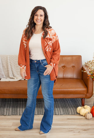 flare jeans with aztec shacket