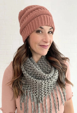 C.C. Beanie in mauve with grey fringe scarf
