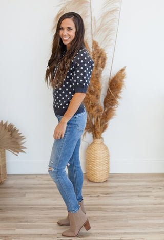 Womens Polka dot sweater in navy with jeans & boots