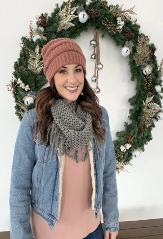 C.C Beanie in mauve with grey scarf and denim jacket