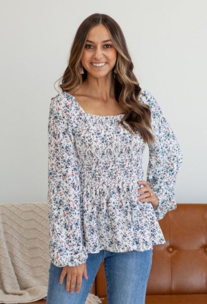 Ditsy Floral Long Sleeve Blouse in Marine Blue