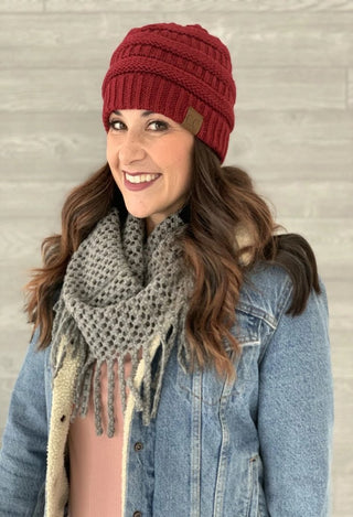 burgundy C.C Beanie with denim jacket