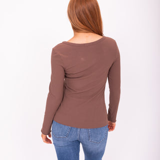 brown long sleeve top back view