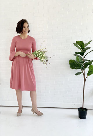 bell sleeve midi dress in rose pink