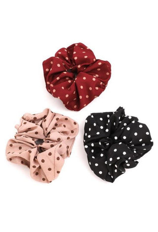mauve dot, black dot and red dot scrunchies