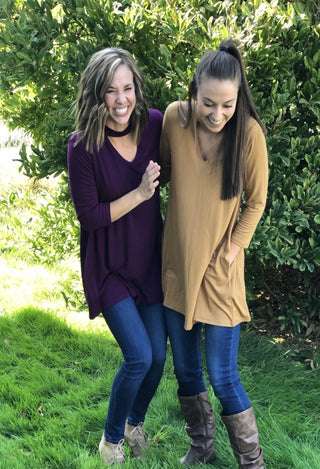 womens swing tops in plum and tuscan yellow