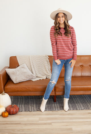 Berry Red & White Stripe Sweater with skinny jeans & Cream boots