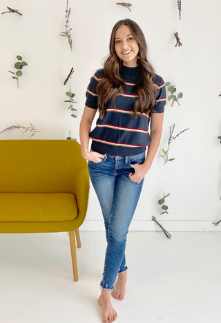 navy stripe sweater with jeans