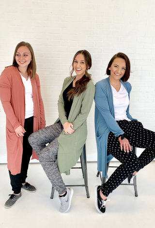 black jogger, black dot jogger, pink cardigan, sage cardigan, blue cardigan