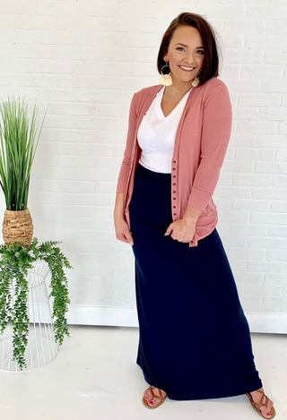 navy Maxi skirt and blush sweater