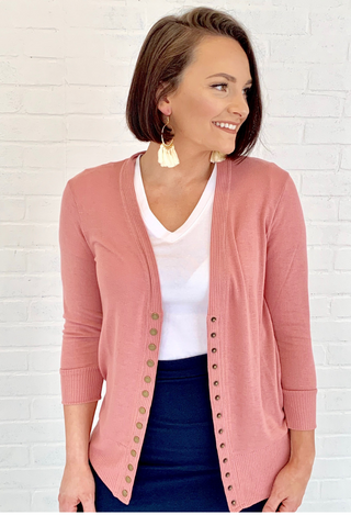 perfect sweater dusty rose with white v tee and tassel earrings with navy skirt