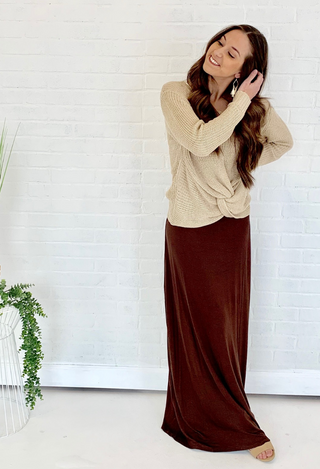 burgundy Maxi skirt with beige sweater